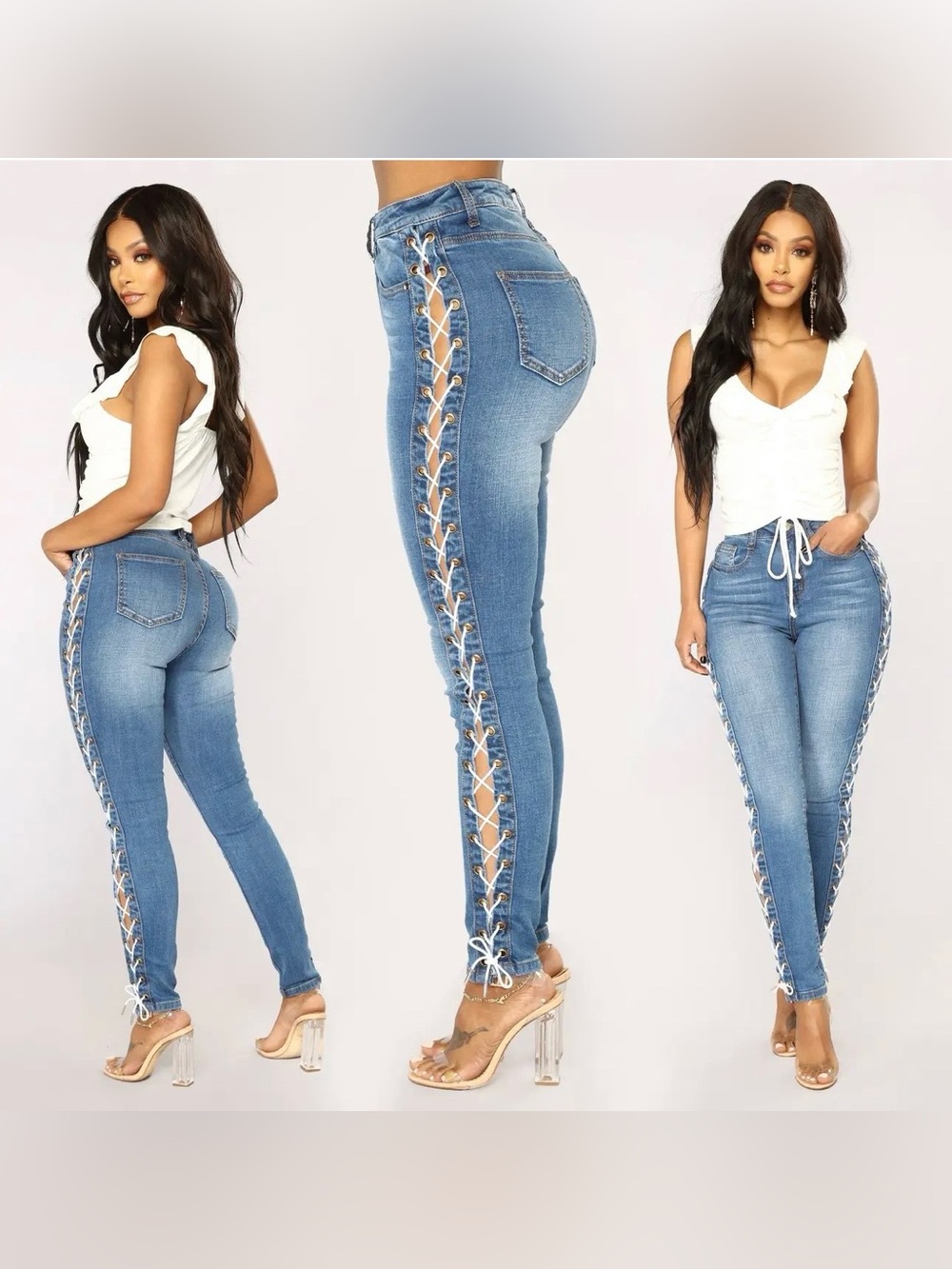 Fashion Nova Blue Lace-Up Side Skinny Jeans - Women's